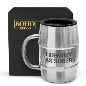 SoHo Barrel Beer Mug  "I IDENTIFY AS SOBER"