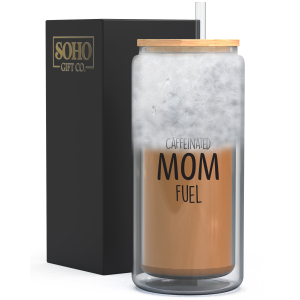 SoHo Iced Coffee Cup with Lid and Straw "Caffeinated Mom Fuel"